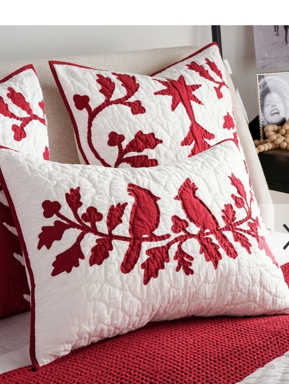 One Pottery Barn Clara Red and White Quilted Sham Applique Holiday